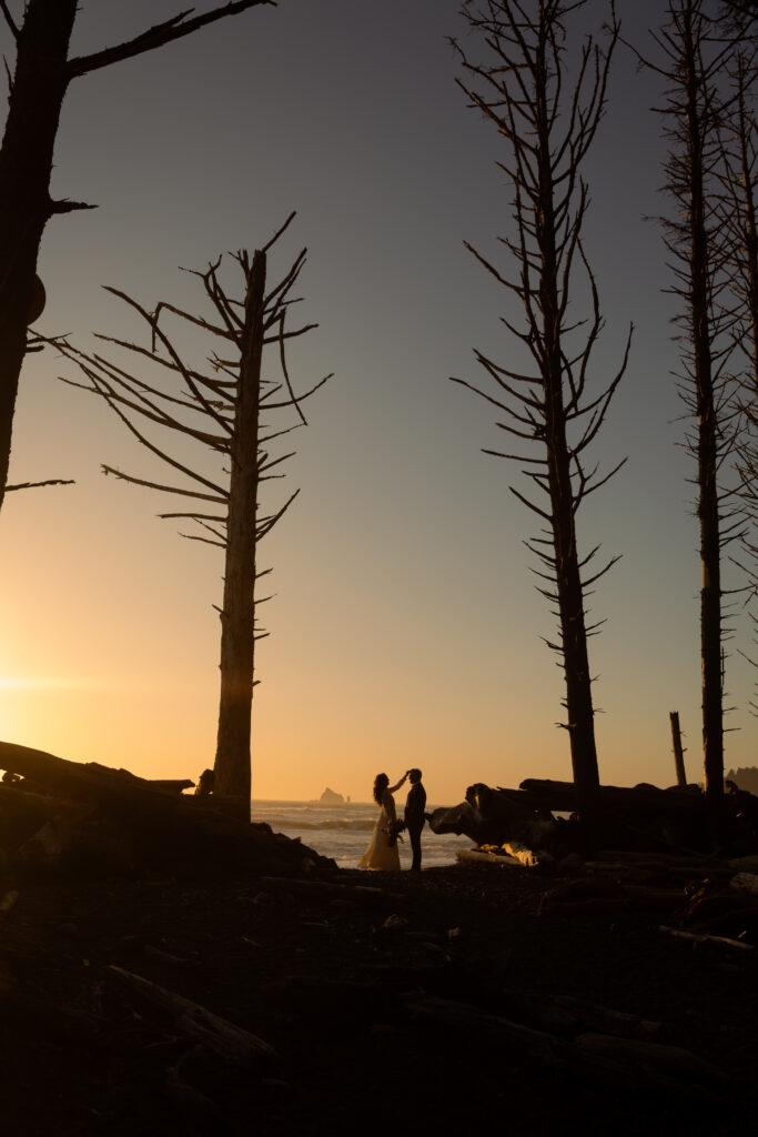 After saying "I do," the bride and groom take a moment to connect with one another, while the sun sets behind them and the trees frame them.

This is one of the best places to elope in Washington 