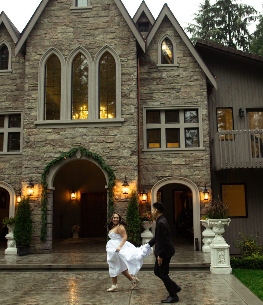 Bride and groom run away after they just eloped privately at a stunning castle in the woods