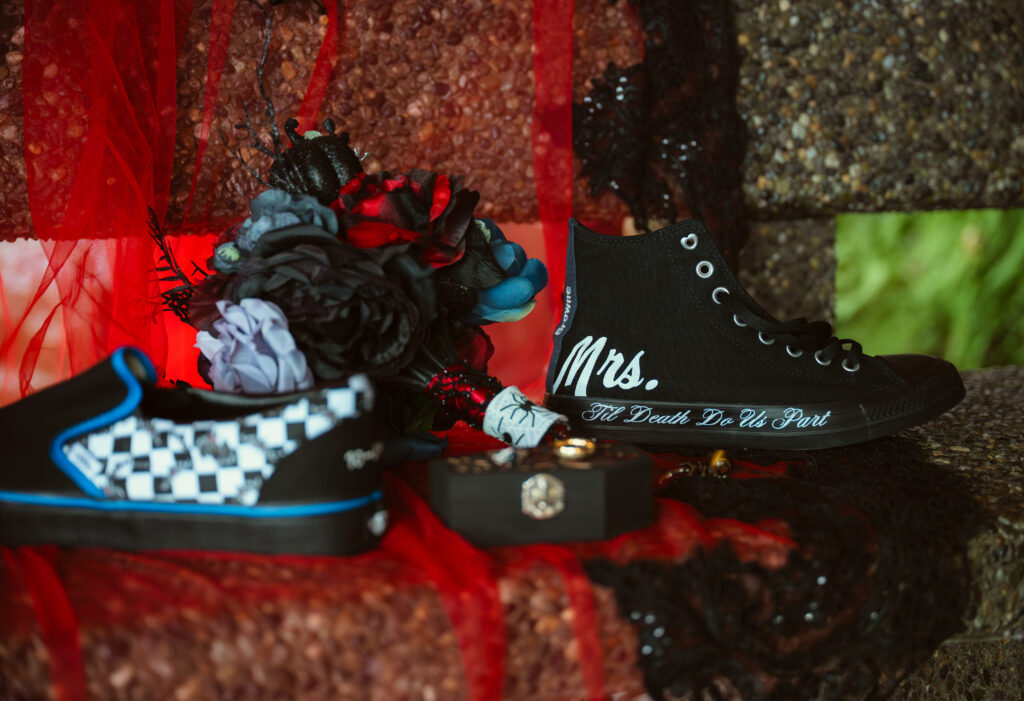 Bride and Groom have matching sneakers with labels that say "Mr" and "Mrs"